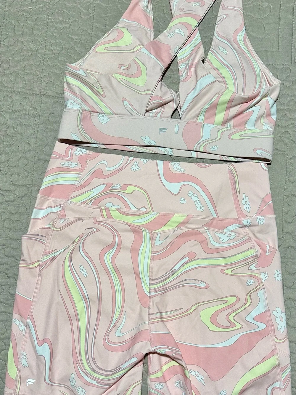 Fabletics Pink Pastel Swirl Sports Bra & Bike Shorts Set